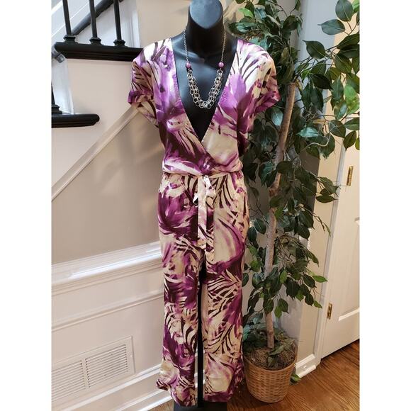 Nikibiki Jumpsuit Womens Large Purple Palm Leaf Print Tie Waist Surplice Neck - Picture 1 of 14